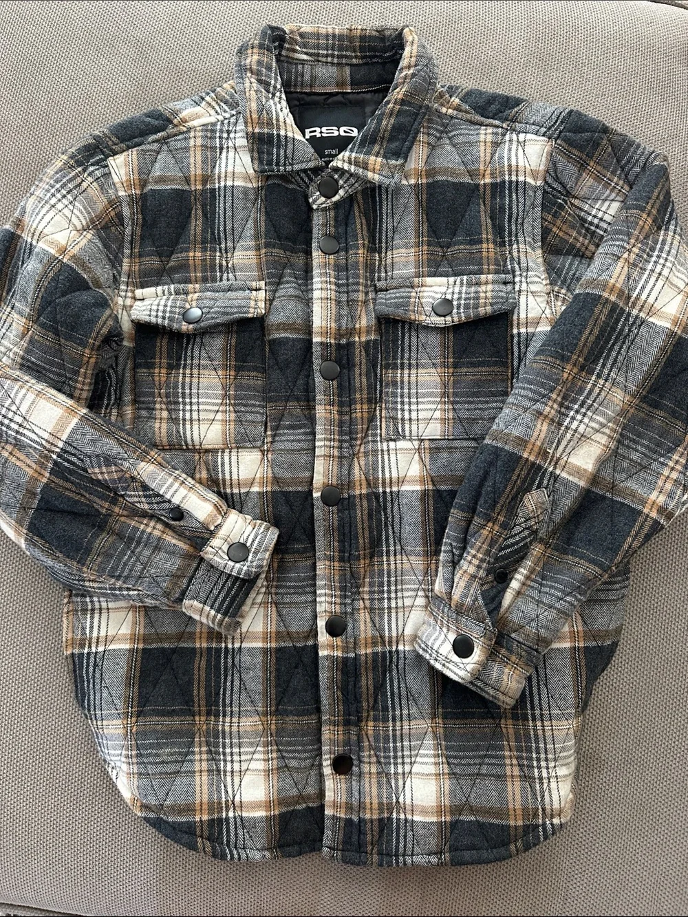 Boys Plaid Button-Up Jacket - Gray & Tan